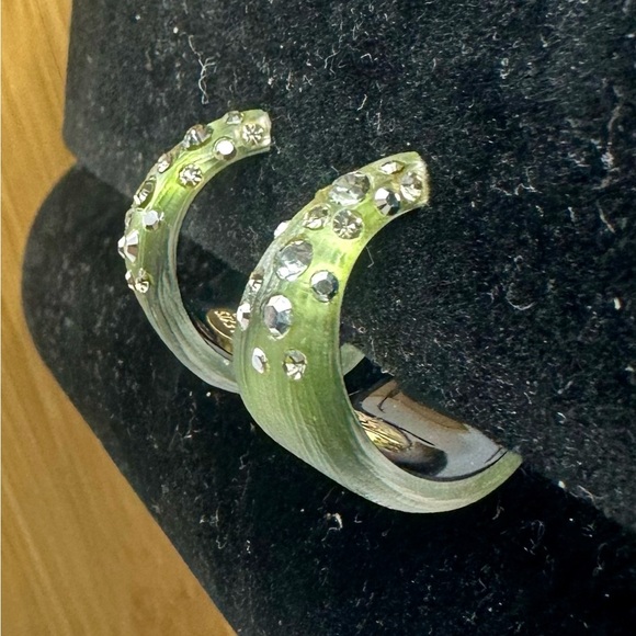 ALEXIS BITTAR  Army Olive Green Rhinestone Crystal Studded Lucite Hoop Earrings - Picture 2 of 10